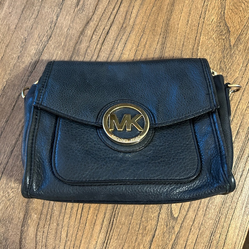 Michael Kors Black Leather Crossbody Bag with Gold MK Logo